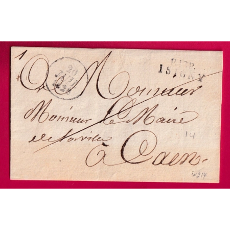 MARQUE P13P ISIGNY CALVADOS INDICE 14 1828 POUR CAEN LETTRE COVER