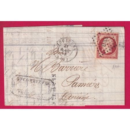 N°17A PC 3383 TOULOUSE HAUTE GARONNE POUR PAMIERS ARIEGE 1856 LETTRE COVER