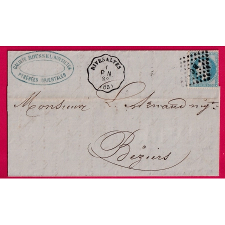 N°29 CONVOYEUR STATION RIVESALTES PYRENEES ORIENTALES POUR BEZIERS 1868 LETTRE COVER
