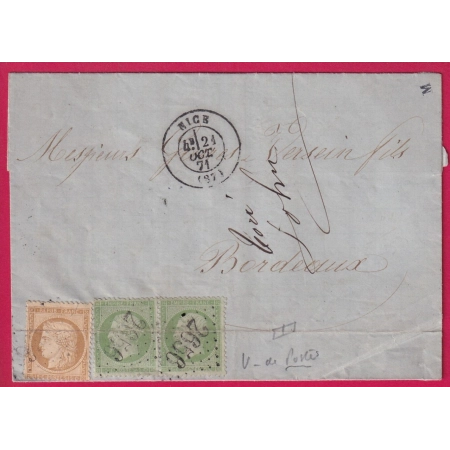 N°59 + 20 PAIRE GC 2656 NICE ALPES MARITIMES POUR BORDEAUX 21 OCT 1871 LETTRE