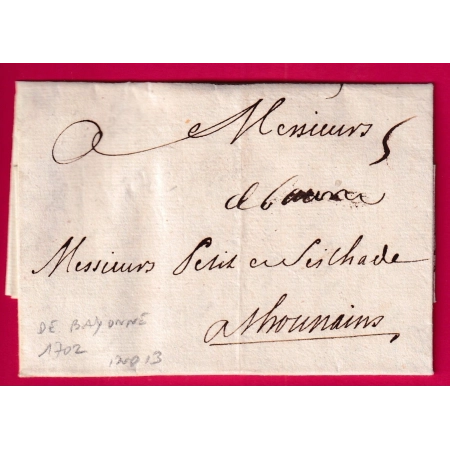 MARQUE MANUSCRIT DE BAYONNE BASSES PYRENEES 1702 POUR TONNEINS LOT ET GARONNE INDICE 13 LETTRE COVER