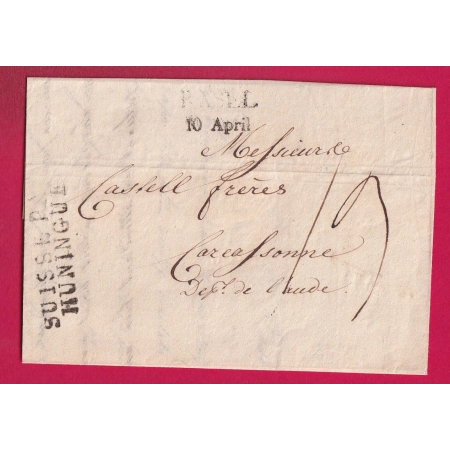 MARQUE ENTREE SUISSE PAR HUNINGUE BAS RHIN DEPART BALE SUISSE POUR CARCASSONNE AUDE 1812 LETTRE