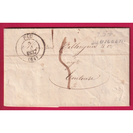 CURSIVE 64 MONEIN BASSES PYRENEES T13 PAU 1837 POUR TOULOUSE HAUTE GARONNE LETTRE