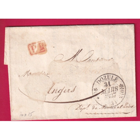 CAD TYPE 11 DOZULE CALVADOS + PP ROUGE 1837 POUR ANGERS MAINE ET LOIRE INDICE 15 LETTRE