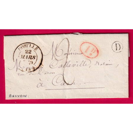 CAD TYPE 14 DOZULE CALVADOS BOITE RURALE D BEUVRON DECIME RURALE ROUGE 1840 POUR CAEN LETTRE