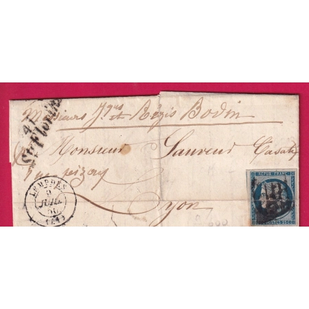 N°4 CURSIVE 41 STE FLORINE HAUTE LOIRE 1850 POUR LYON RHONE CAD TYPE 15 LEMPDES LETTRE