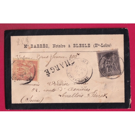 N°89 94 BLESLE HAUTE LOIRE LETTRE CHARGEE POUR LEVALLOIS PERRET SEINE 1886