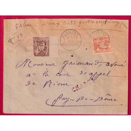 N°69 94 DUNIERES HAUTE LOIRE LETTRE CHARGE POUR RIOM PUY DE DOME 1890