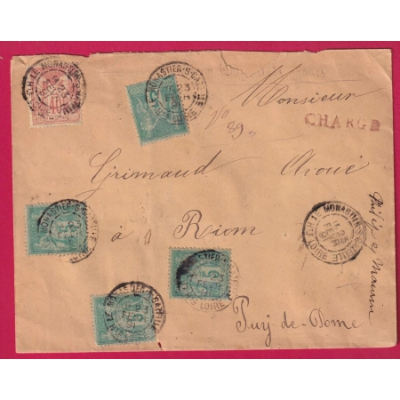 N°94 + 75 X4 MONASTIER SUR GAZEILLE HAUTE LOIRE 1891 POUR RIOM PUY DE DOME LETTRE CHARGE