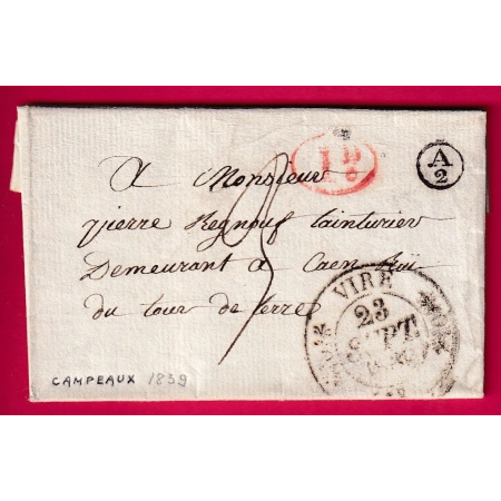 CAD TYPE 11 VIRE CALVADOS BOITE RURALE SUPPLEMENTAIRE A2 DE CAMPEAUX + DECIME RURAL POUR CAEN LETTRE