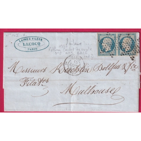 N°14 BLEU LAITEUX PAIRE PARIS TOILE PLEINE 3E 60 7 LIGNE DE BALE POUR MULHOUSE HAUT RHIN 1854 LETTRE