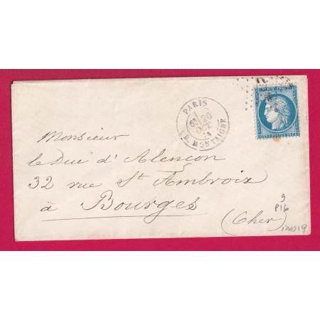 N°60 PARIS ETOILE 9 P16 R MONTAIGNE 1874 POUR BOURGES CHER INDICE 19 LETTRE