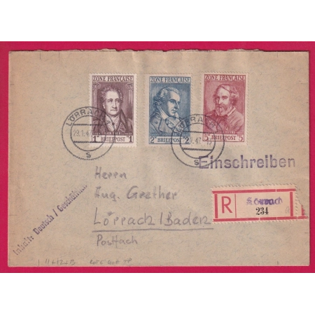 ALLEMAGNE ZONE FRANCAISE N° 11 12 13  RECOMMANDE LORRACH  1947 LETTRE MARCHAND DE TIMBRES