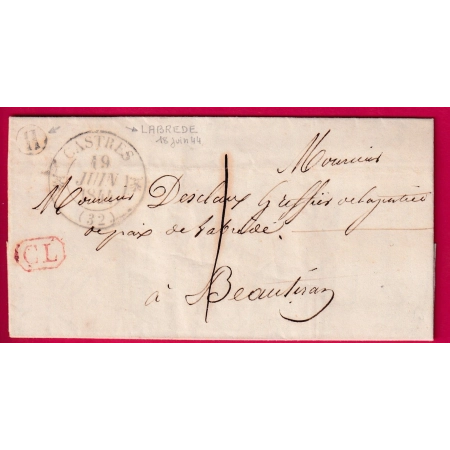 CAD TYPE 12 CASTRES GIRONDE BOITE RURALE H LA BREDE TAXE LOCALE 1 + CL ROUGE POUR BEAUTIRAN 1844 LETTRE
