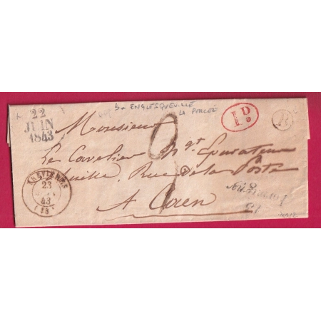 CURSIVE 13 FORMIGNY CALVADOS CAD TYPE 15 TREVIERES 1843 BOITE RURALE B ENGLESQUEVILLE LA PERCEE DECIME RURAL LETTRE