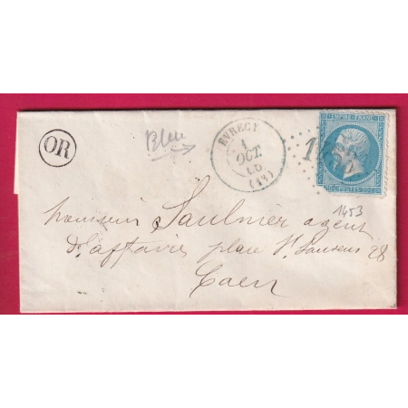 N°22 GC 1453 EVRECY EN BLEU GC ET CAD OR STE HONORINE DE FAY POUR CAEN LETTRE