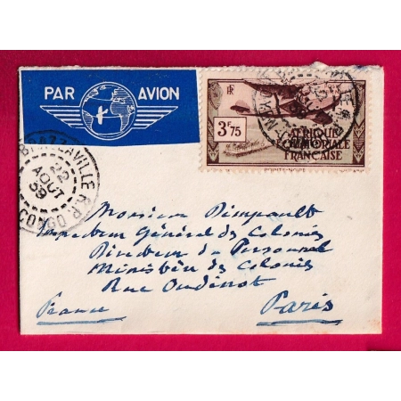 MIGNONNETTE BRAZZAVILLE MOYEN CONGO 1939 PAR AVION POUR PARIS LETTRE