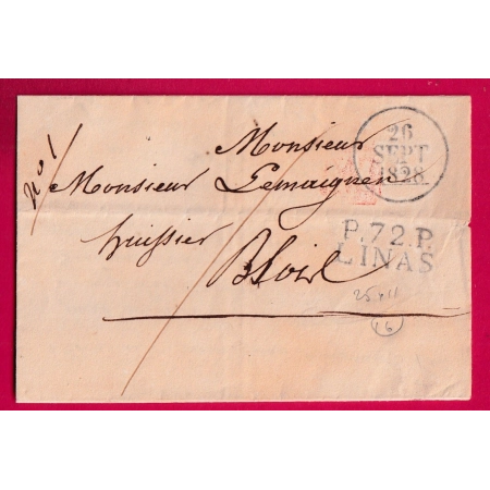 MARQUE P72P LINAS SEINE ET OISE 1828 INDICE 16 POUR BLOIS LETTRE