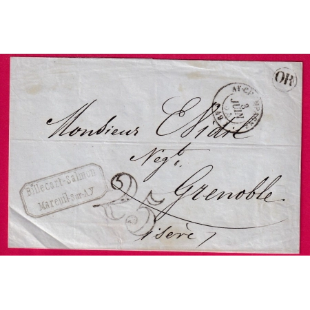 CAD TYPE 15 AY CHAMPAGNE MARNE OR MAREUIL SUR AY POUR GRENOBLE ISERE TAXE 25 JUIN 1854 LETTRE