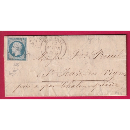 N°14 BLEU LAITEUX PC 223 CAD TYPE 14 BACCARAT MEURTHE ET MOSELLE POUR ST JEAN DES VIGNES SAONE ET LOIRE 1855 LETTRE