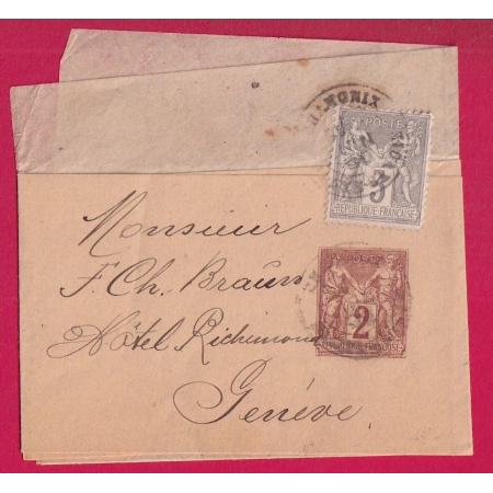 ENTIER SAGE 2C + N°87 CAD TYPE 15 CHAMONIX HAUTE SAVOIE POUR GENEVE BANDE DE JOURNAL LETTRE