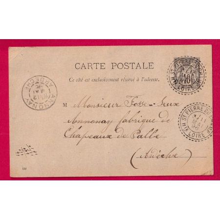 ENTIER SAGE CAD FB 84 ST PIERRE DU CHAMPS HAUTE LOIRE FACTEUR BOITIER POUR ANNONAY ARDECHE 1896 LETTRE