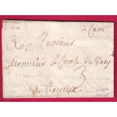 MARQUE MANUSCRIT DE CAEN 1722 CALVADOS LENAIN N°1A INDICE 15 POUR BAYEUX LETTRE COVER