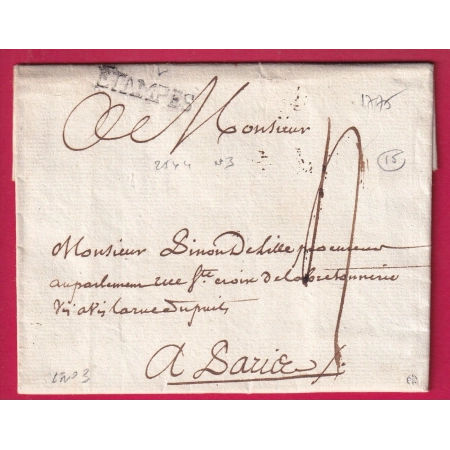 MARQUE ETAMPES SEINE ET OISE 1775 LENAIN N°3 INDICE 15 POUR PARIS LETTRE