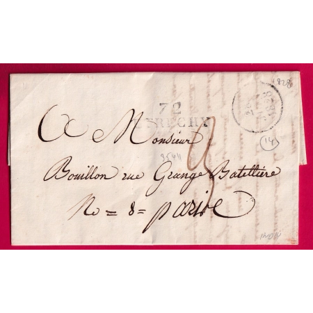MARQUE 72 ETRECHY SEINE ET OISE 1828 INDICE 14 POUR PARIS LETTRE