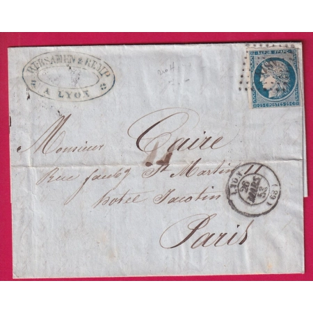 N°4 PC 1818 LYON RHONE POUR PARIS 1853 AU DOS AMBULANT LIGNE DE LYON LETTRE