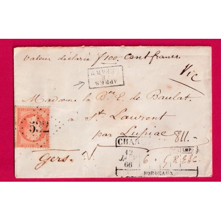 N°23 GC 532 AVIS CHARGEMENT AU RECTO BORDEAUX POUR LUPIAC GERS APRES LE DEPART LETTRE COVER
