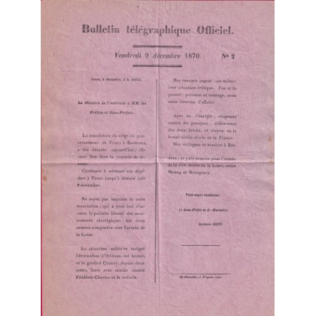 GUERRE 1870 BULLETIN TELEGRAPHIQUE OFFICIEL N°2 TOURS 9 DECEMBRE 1870 INDRE ET LOIRE