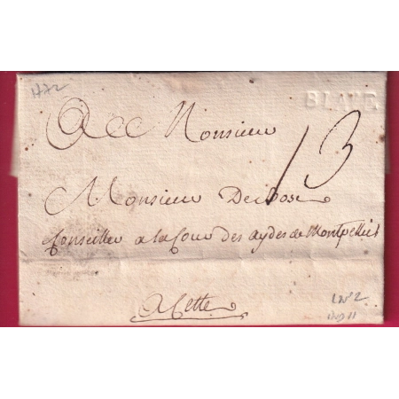 MARQUE A SEC BLAYE GIRONDE LENAIN N°2 POUR CETTE HERAULT 1772 LETTRE