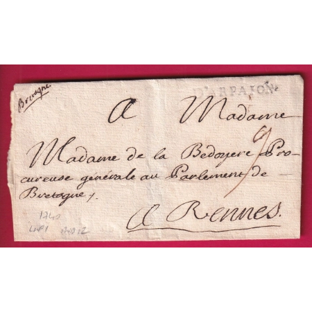 MARQUE ARPAJON SEINE ET OISE 1740 LENAIN N°1 POUR RENNES ILLE ET VILAINE LETTRE