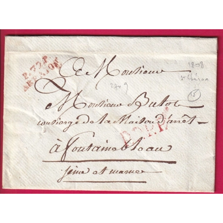 MARQUE P72P ARPAJON EN ROUGE SEINE ET OISE 1808 INDICE 15 POUR FONTAINEBLEAU SEINE ET MARNE LETTRE