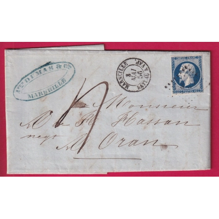 N°14 MARSEILLE BATEAU A VAP TAXE MANUSCRIT 4 POUR ORAN ALGERIE 1856 LETTRE