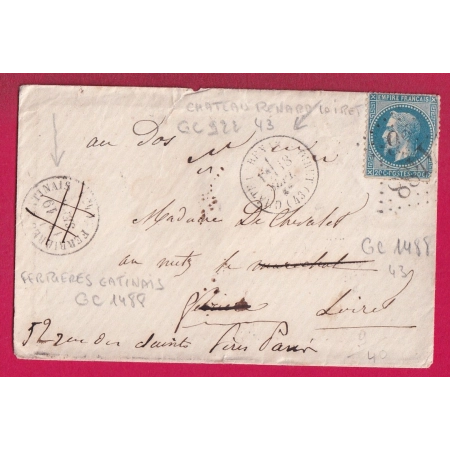 CURIOSITE N°29 DEUX GC 922+ 1488 FERRIERES EN GATINAIS + CHATEAU RENARD LOIRET REEXPEDIE PARIS LETTRE