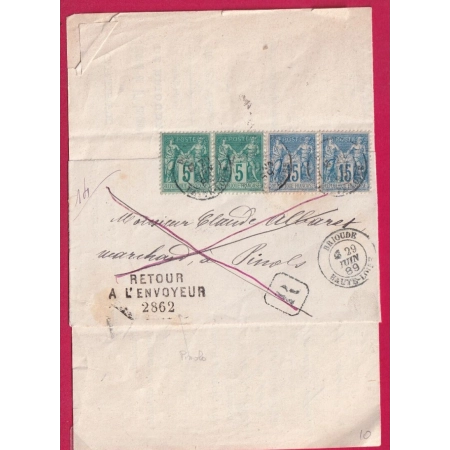 N°75 PAIRE 90 PAIRE BRIOUDE HAUTE LOIRE RECOMMANDE RETOUR ENVOYEUR 2862 PINOLS 1889 LETTRE