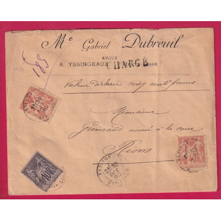N°89 94 X2 YSSINGEAUX HAUTE LOIRE LETTRE CHARGEE POUR RIOM PUY DE DOME LETTRE