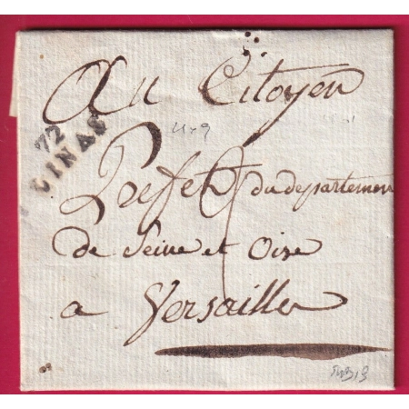 MARQUE 72 LINAS SEINE ET OISE 21X9 INDICE 13 AN10 1802 POUR VERSAILLES LETTRE