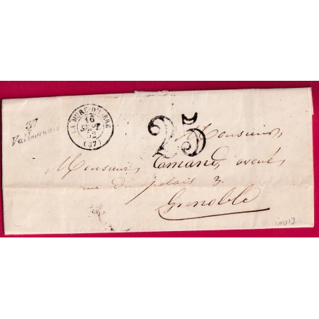 CURSIVE 37 VALBONNAIS ISERE POUR GRENOBLE TYPE 15 LA MURE D'ISERE INDICE 13 1852 LETTRE
