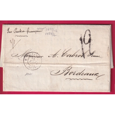 CAD CAYENNE GUYANE 1867 TAXE TAMPON 12 POUR BORDEAUX LIGNE FRANCAISE MARITIME LETTRE
