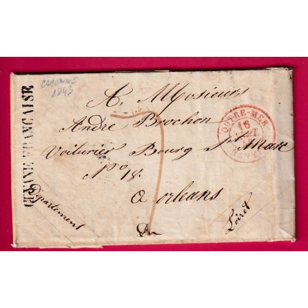 MARQUE GUYANNE FRANCAISE TEXTE DE CAYENNE 1843 CAD ROUGE OUTREMER NANTES POUR ORLEANS LOIRET LETTRE