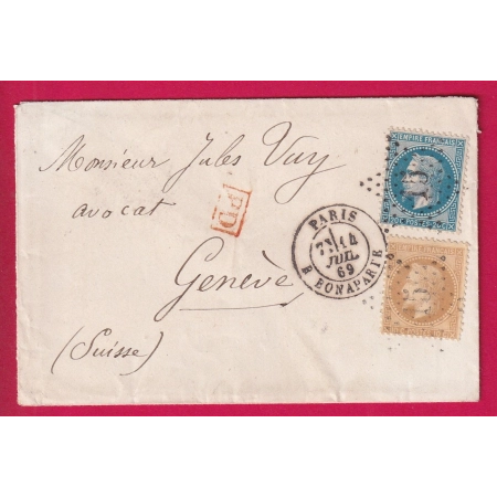 N°28 29 PARIS ETOILE 15 R BONAPARTE POUR GENEVE SUISSE 1869 LETTRE