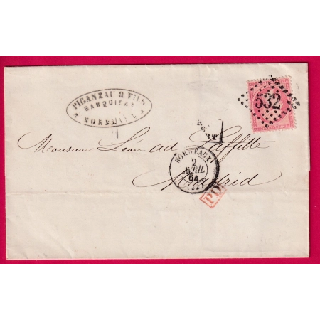 N°24 GC 532 BORDEAUX GIRONDE POUR MADRID ESPAGNE 1864 APRES LE DEPART LETTRE