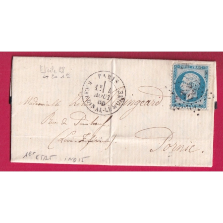 N°22 PARIS ETOILE 28 VARIETE 28 EX 20 1ER ETAT R CARDINAL LEMOINE INDICE 15 POUR PORNIC LOIRE INFERIEURE 1865 LETTRE