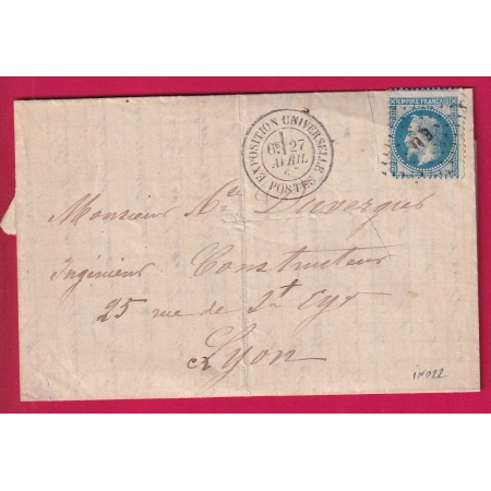 N°29 LOSANGE EU EXPOSITION UNIVERSELLE 1867 POUR LYON INDICE 22 LETTRE