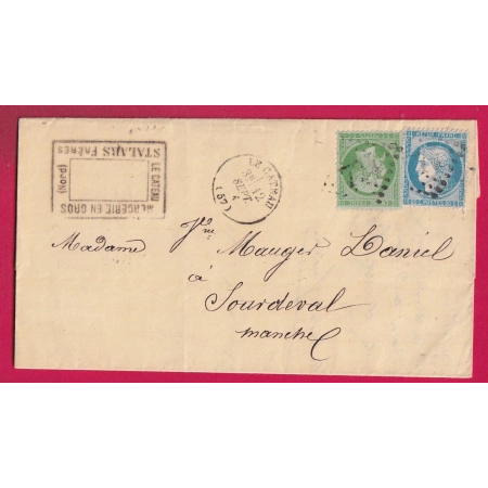 N°20 37 GC 774 LE CATEAU NORD CAD TYPE 16 12 SEPTEMBRE 1871 POUR SOURDEVAL MANCHE LETTRE COVER
