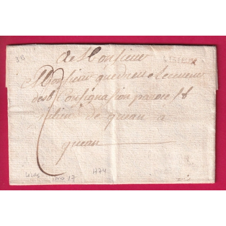 MARQUE LISIEUX CALVADOS 1774 LENAIN N°3B INDICE 17 POUR CAEN ORTHOGRAPHE ? LETTRE COVER