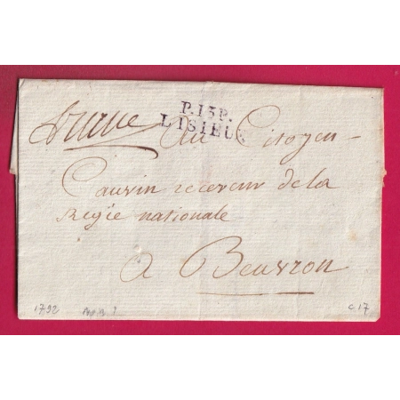 MARQUE P13P LISIEUX CALVADOS INDICE 17 POUR BEUVRON VERS 1792 COULEUR LILAS 25X8 LETTRE COVER